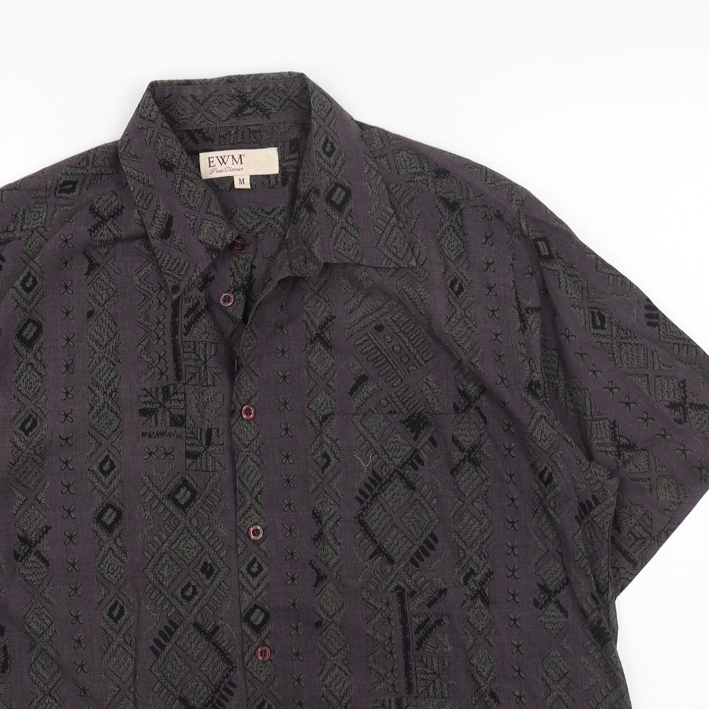 EWM Womens Blue Geometric Cotton Basic Button-Up Size M Collared