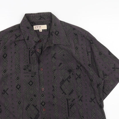 EWM Womens Blue Geometric Cotton Basic Button-Up Size M Collared