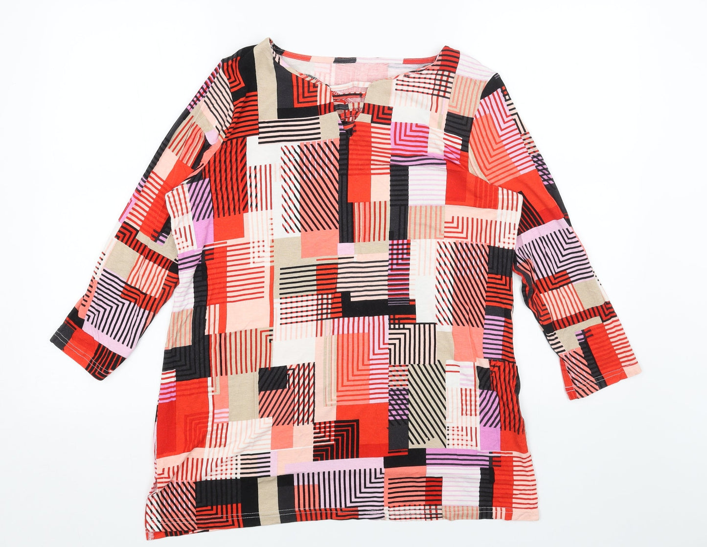 Preworn Womens Red Geometric Viscose Basic T-Shirt Size M Round Neck