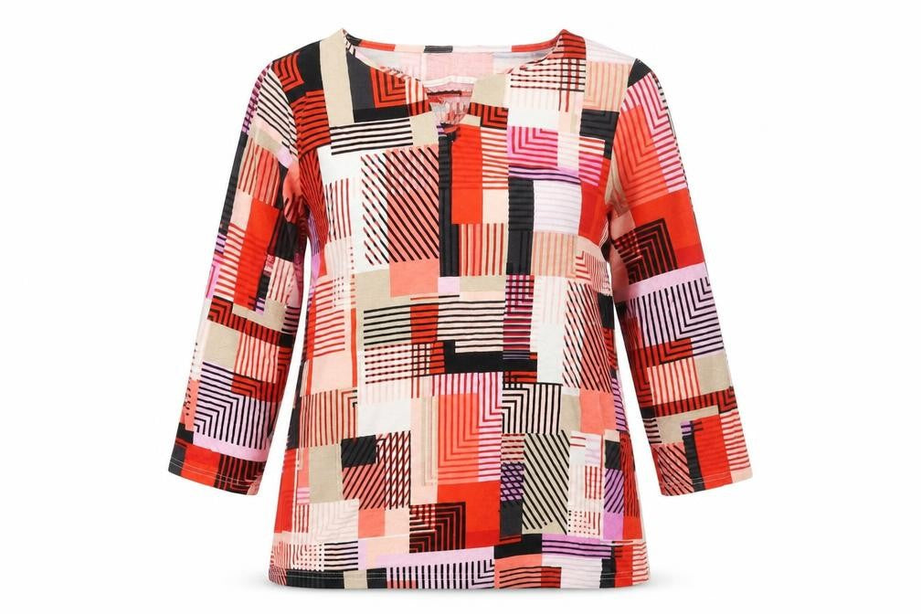 Preworn Womens Red Geometric Viscose Basic T-Shirt Size M Round Neck