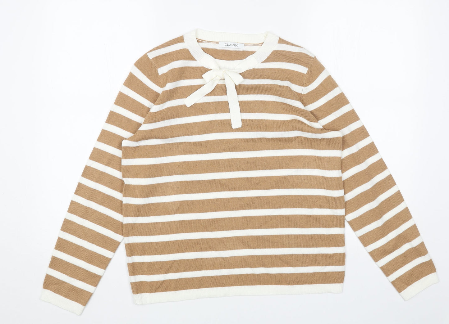Marks and Spencer Womens Beige Round Neck Striped Acrylic Pullover Jumper Size 12