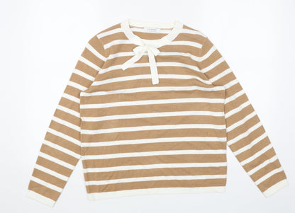 Marks & Spencer Womens Beige Round Neck Striped Acrylic Pullover Jumper Size 12