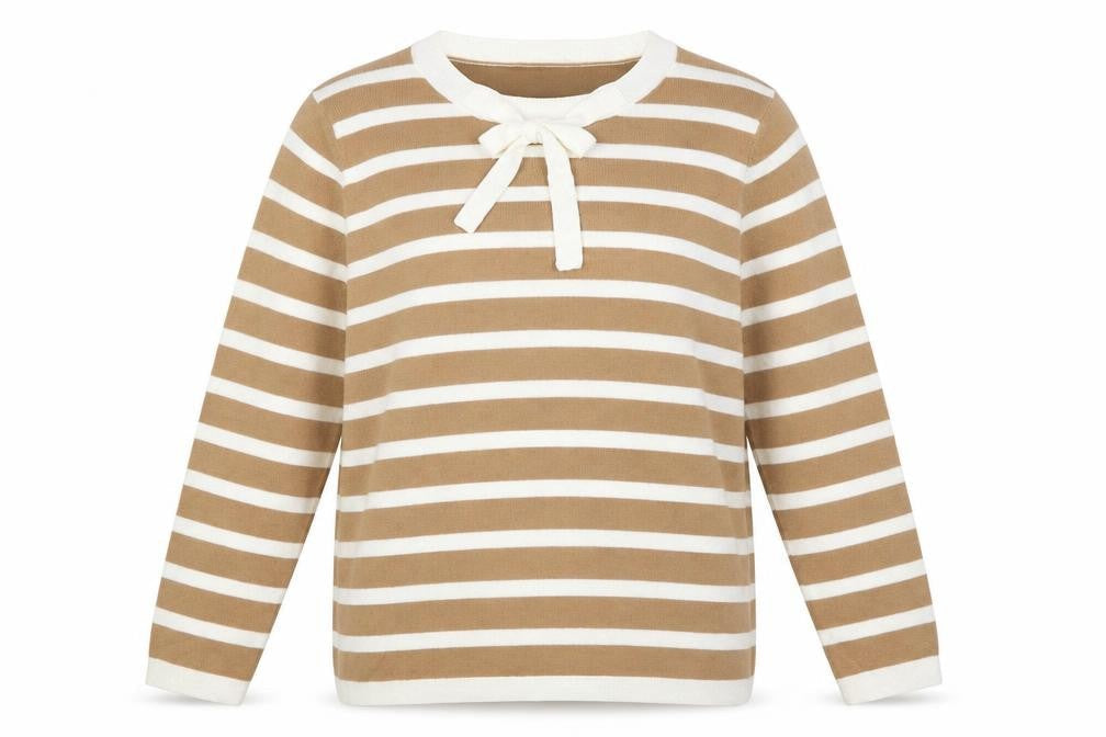 Marks & Spencer Womens Beige Round Neck Striped Acrylic Pullover Jumper Size 12