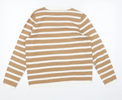 Marks & Spencer Womens Beige Round Neck Striped Acrylic Pullover Jumper Size 12