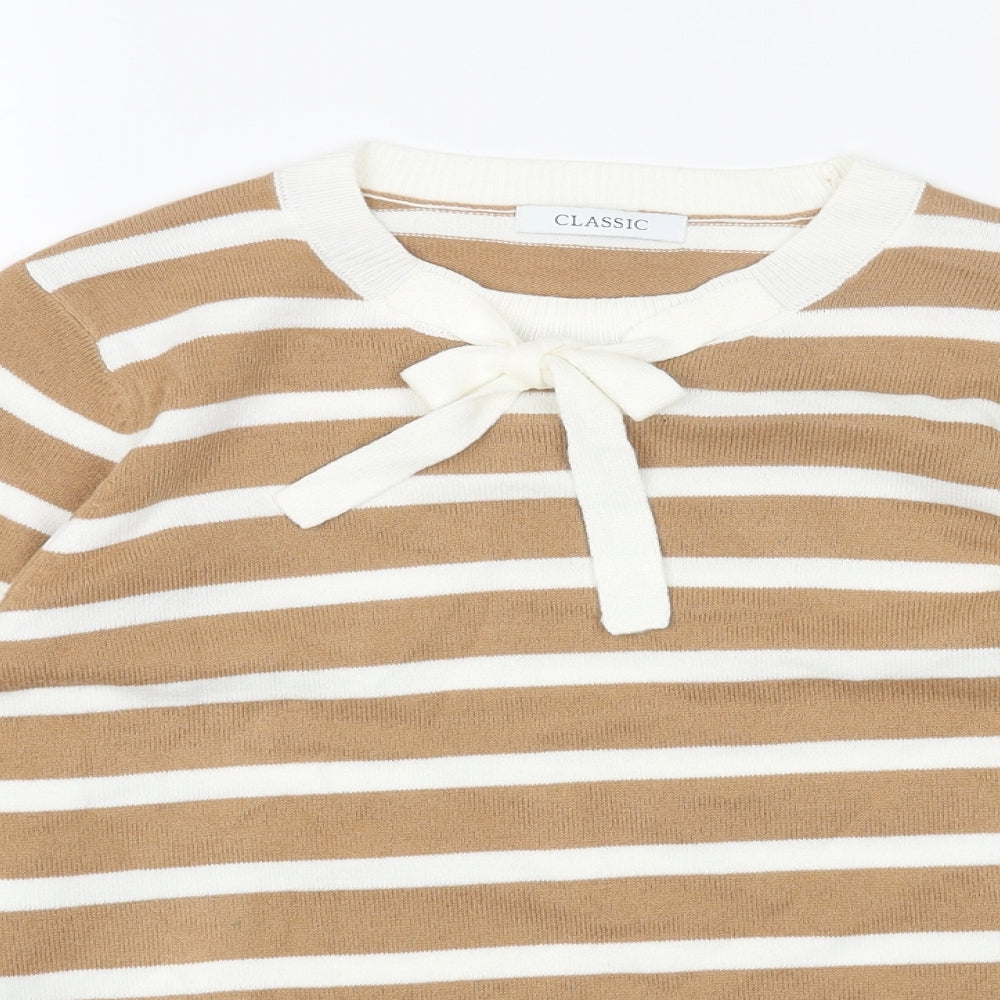 Marks and Spencer Womens Beige Round Neck Striped Acrylic Pullover Jumper Size 12