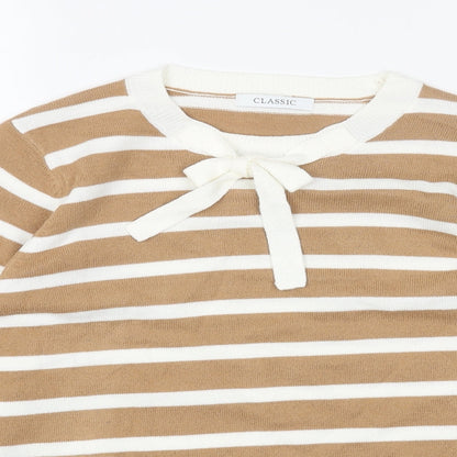Marks & Spencer Womens Beige Round Neck Striped Acrylic Pullover Jumper Size 12