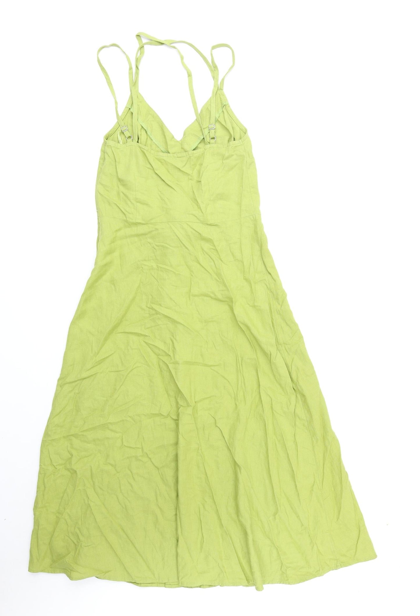 Marks and Spencer Womens Green 100% Cotton Slip Dress Size 6 V-Neck Zip - Tie Front