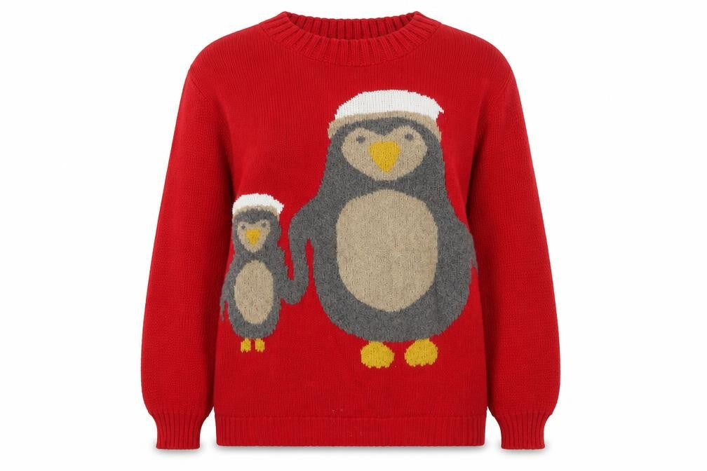 why not? Womens Red Round Neck Acrylic Pullover Jumper Size M - Christmas Penguin