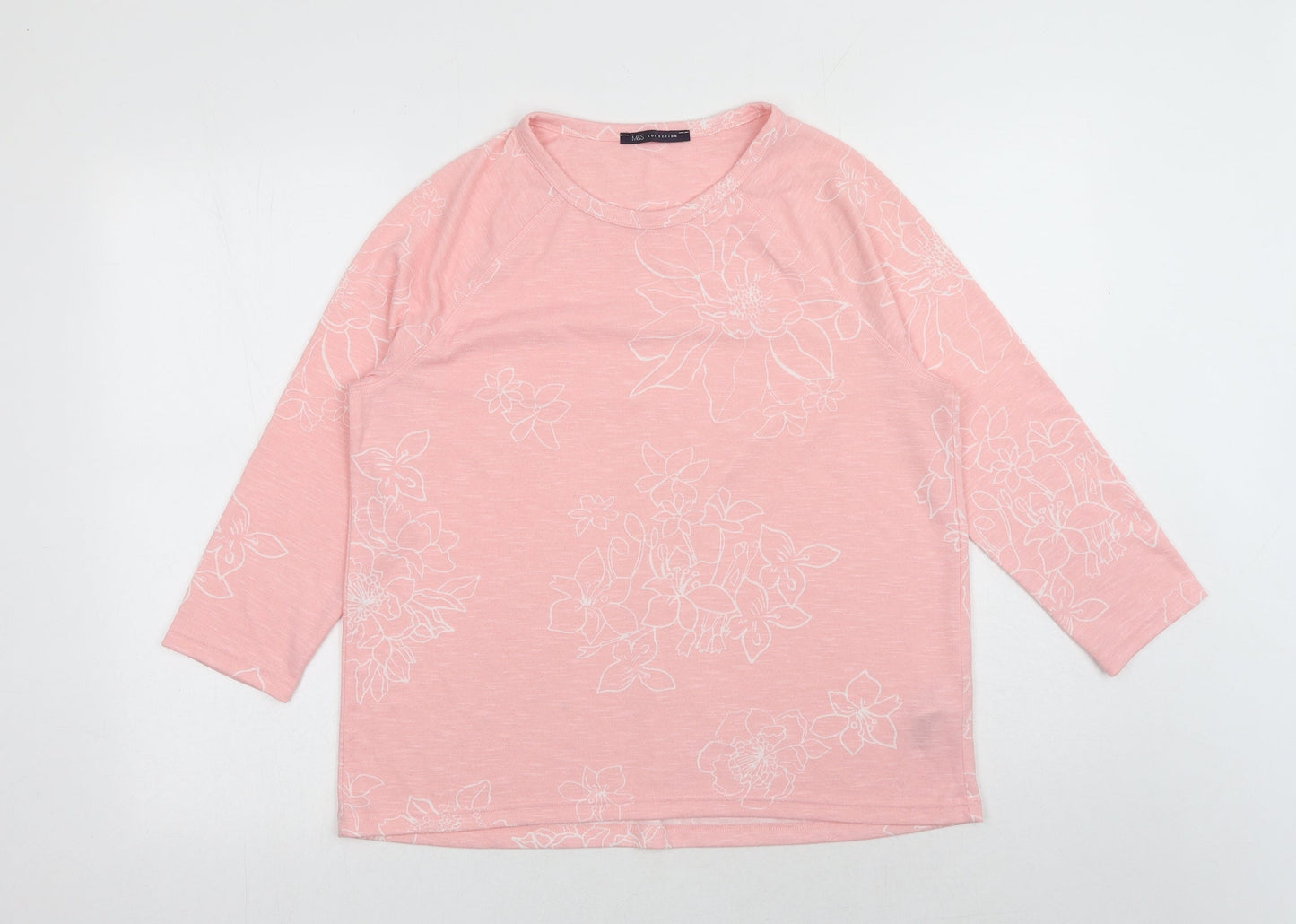 Marks and Spencer Womens Pink Floral Polyester Basic Blouse Size 14 Scoop Neck