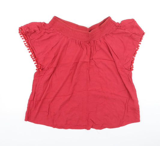 Peacocks Womens Red Polyester Basic Blouse Size 12 Boat Neck - Pom Pom Trim
