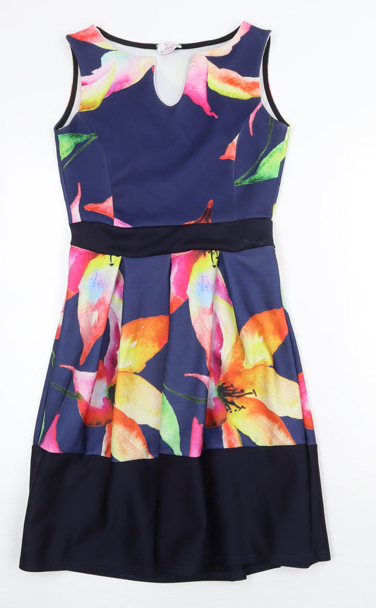 Want That Trend Womens Blue Floral Polyester Fit & Flare Size 12 Boat Neck Pullover