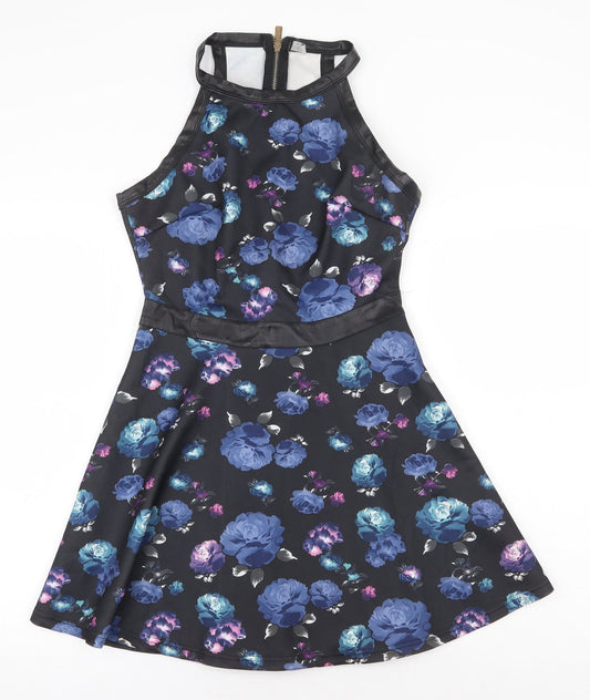 Angel Seven Womens Black Floral Polyester Fit & Flare Size M Round Neck Zip