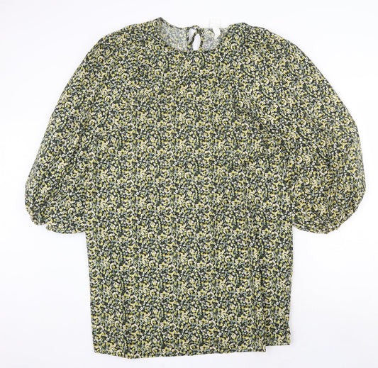 H&M Womens Yellow Floral Polyester A-Line Size M Round Neck Tie
