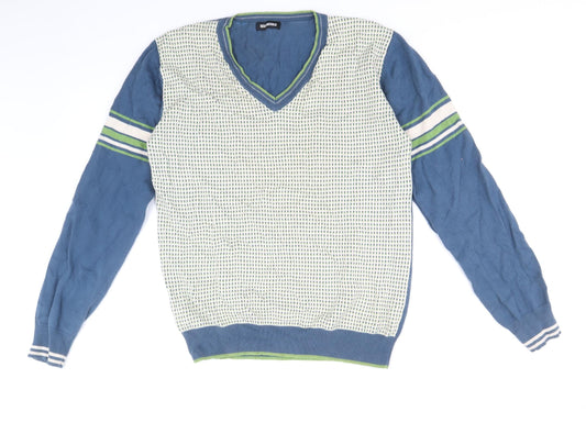 Goodsouls Mens Multicoloured V-Neck Geometric Cotton Pullover Jumper Size S Long Sleeve