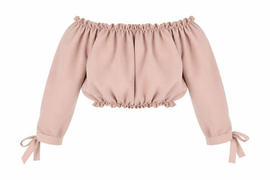 New Look Womens Pink Polyester Cropped Blouse Size 10 Off the Shoulder - Bardot Tie Sleeve Detail