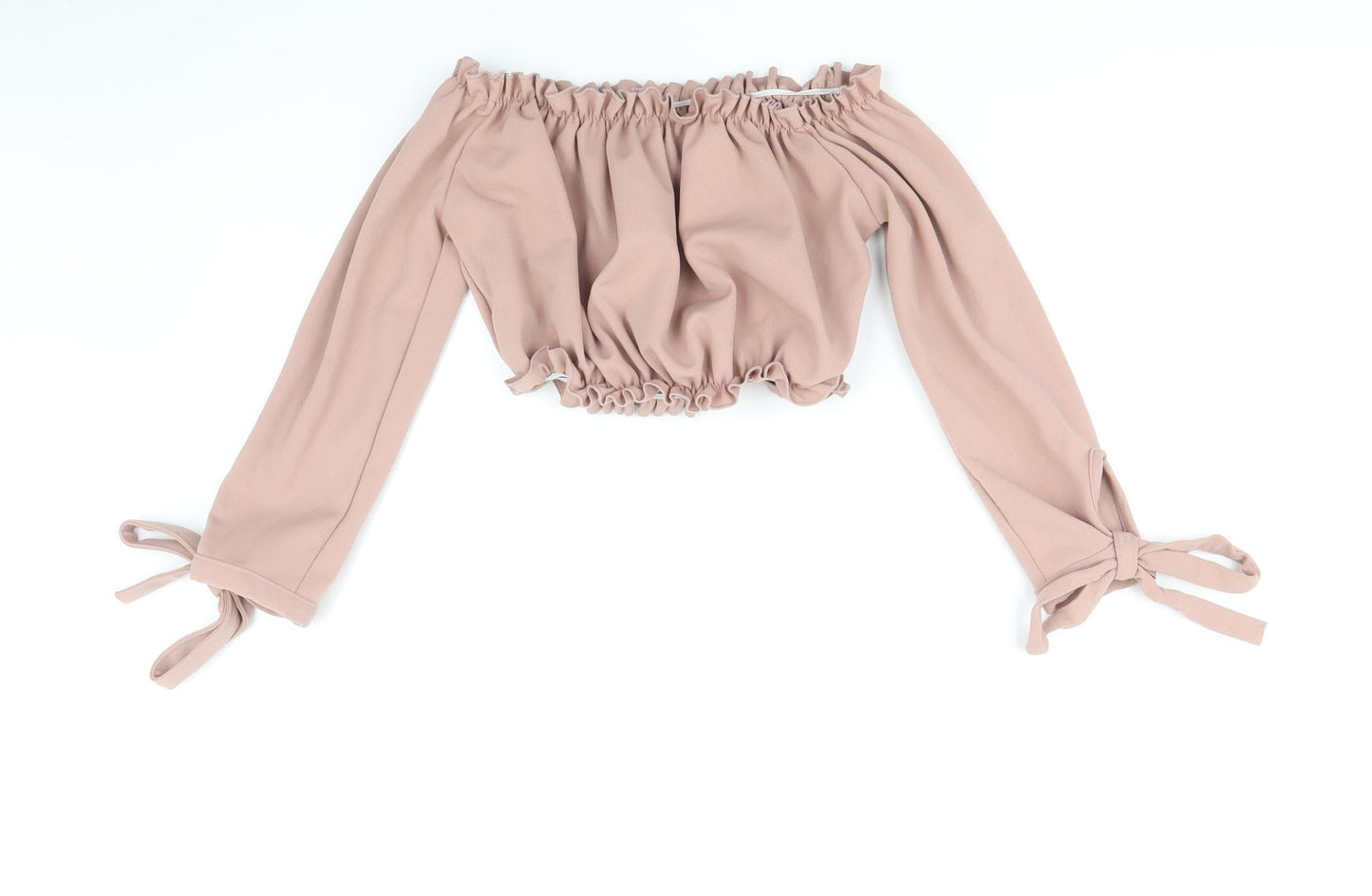 New Look Womens Pink Polyester Cropped Blouse Size 10 Off the Shoulder - Bardot Tie Sleeve Detail