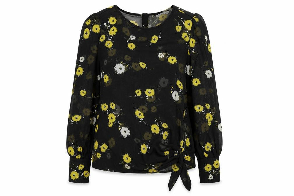 New Look Womens Black Floral Polyester Basic Blouse Size 10 Round Neck - Knot Front