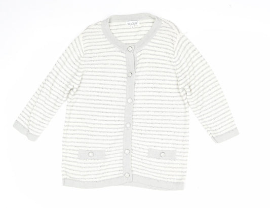 Fay Louise Womens White Round Neck Striped Acetate Cardigan Jumper Size M