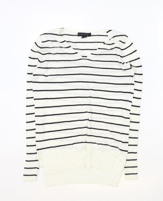 Atmosphere Womens Ivory V-Neck Striped Acrylic Pullover Jumper Size 4