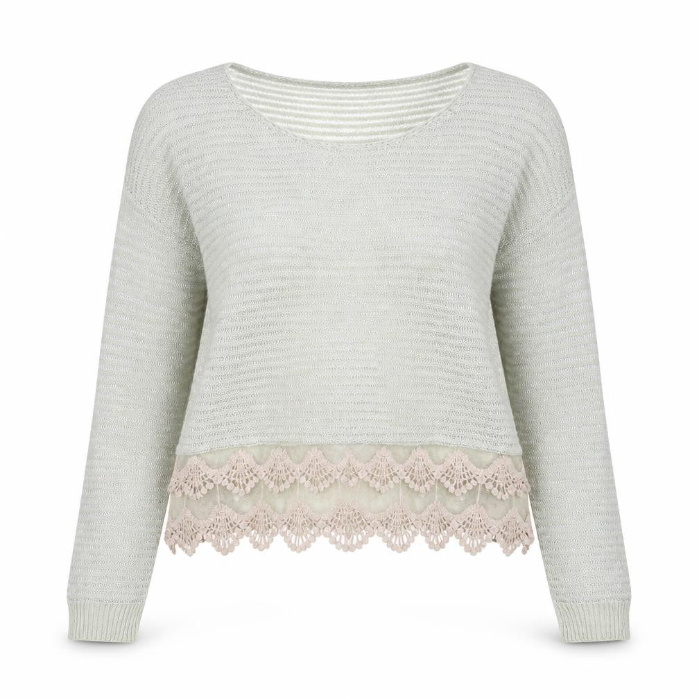 Preppy Womens Grey Scoop Neck Polyester Pullover Jumper Size S - Crochet Lace Trim