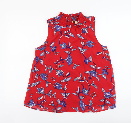 Japana Womens Red Floral Polyester Basic Blouse Size L Mock Neck