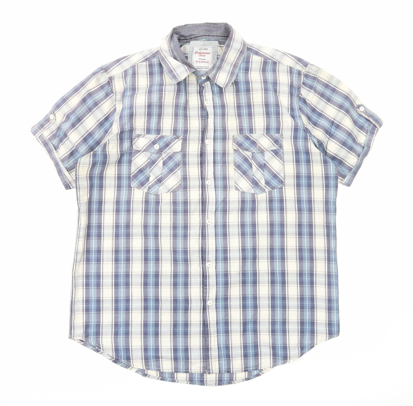 Cedar Wood State Mens Blue Plaid Cotton Button-Up Size XL Collared Button