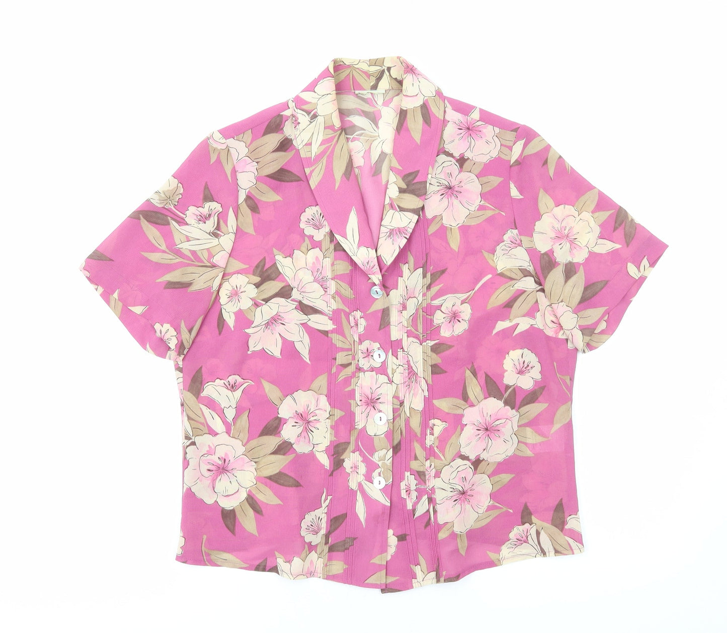 Preworn Womens Pink Floral Polyester Basic Button-Up Size 12 Collared