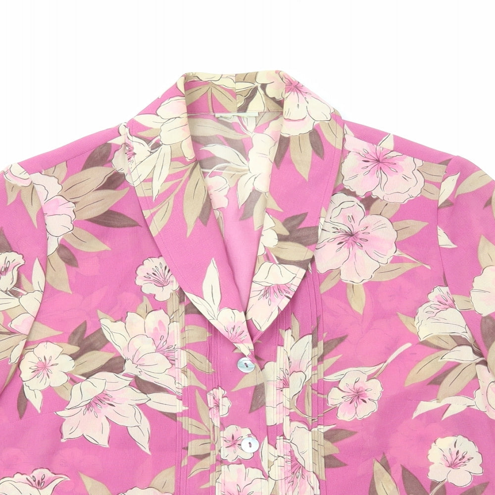 Preworn Womens Pink Floral Polyester Basic Button-Up Size 12 Collared