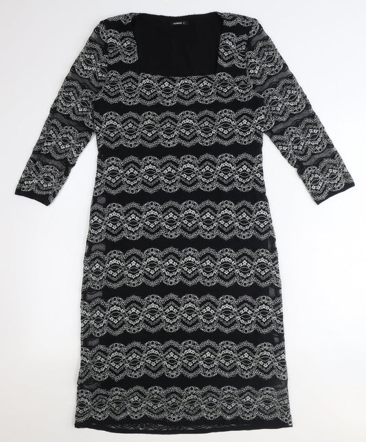 Roman Womens Black Geometric Polyamide A-Line Size 14 Square Neck Pullover
