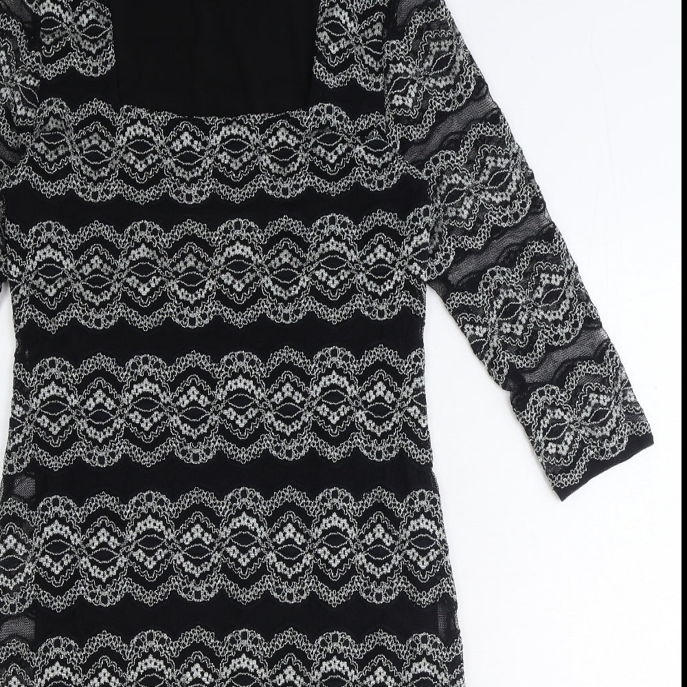 Roman Womens Black Geometric Polyamide A-Line Size 14 Square Neck Pullover