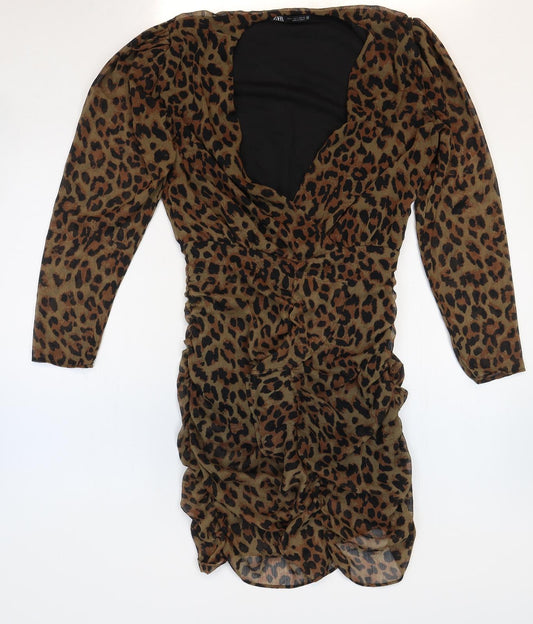 Zara Womens Multicoloured Animal Print Polyester Bodycon Size S V-Neck Zip - Leopard Print