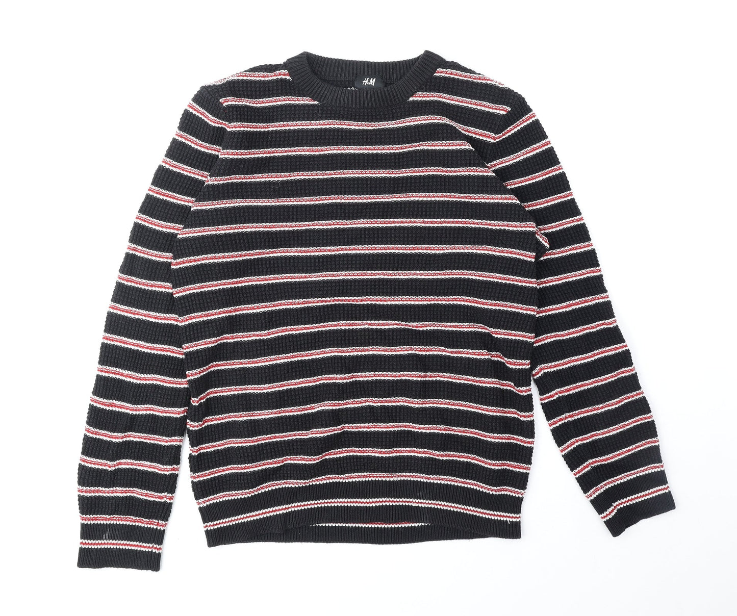 H&M Womens Black Round Neck Striped Acrylic Pullover Jumper Size S