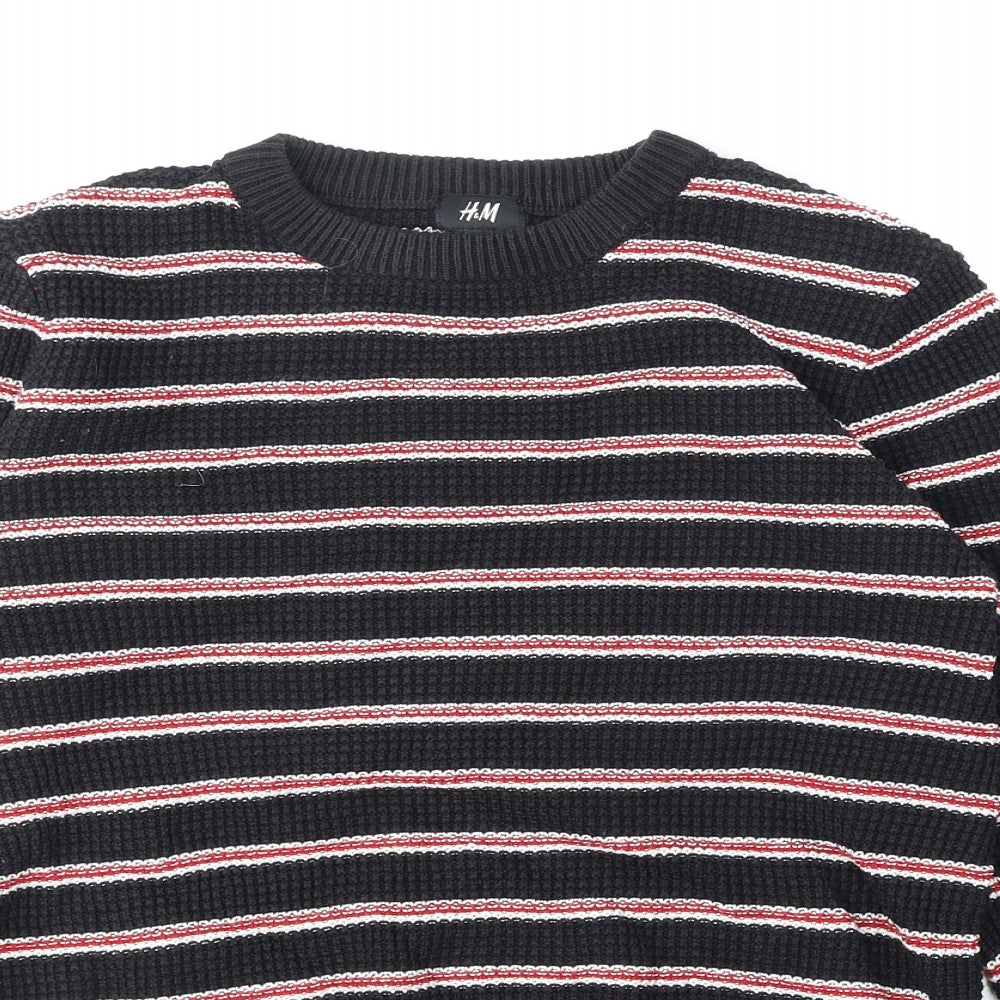 H&M Womens Black Round Neck Striped Acrylic Pullover Jumper Size S