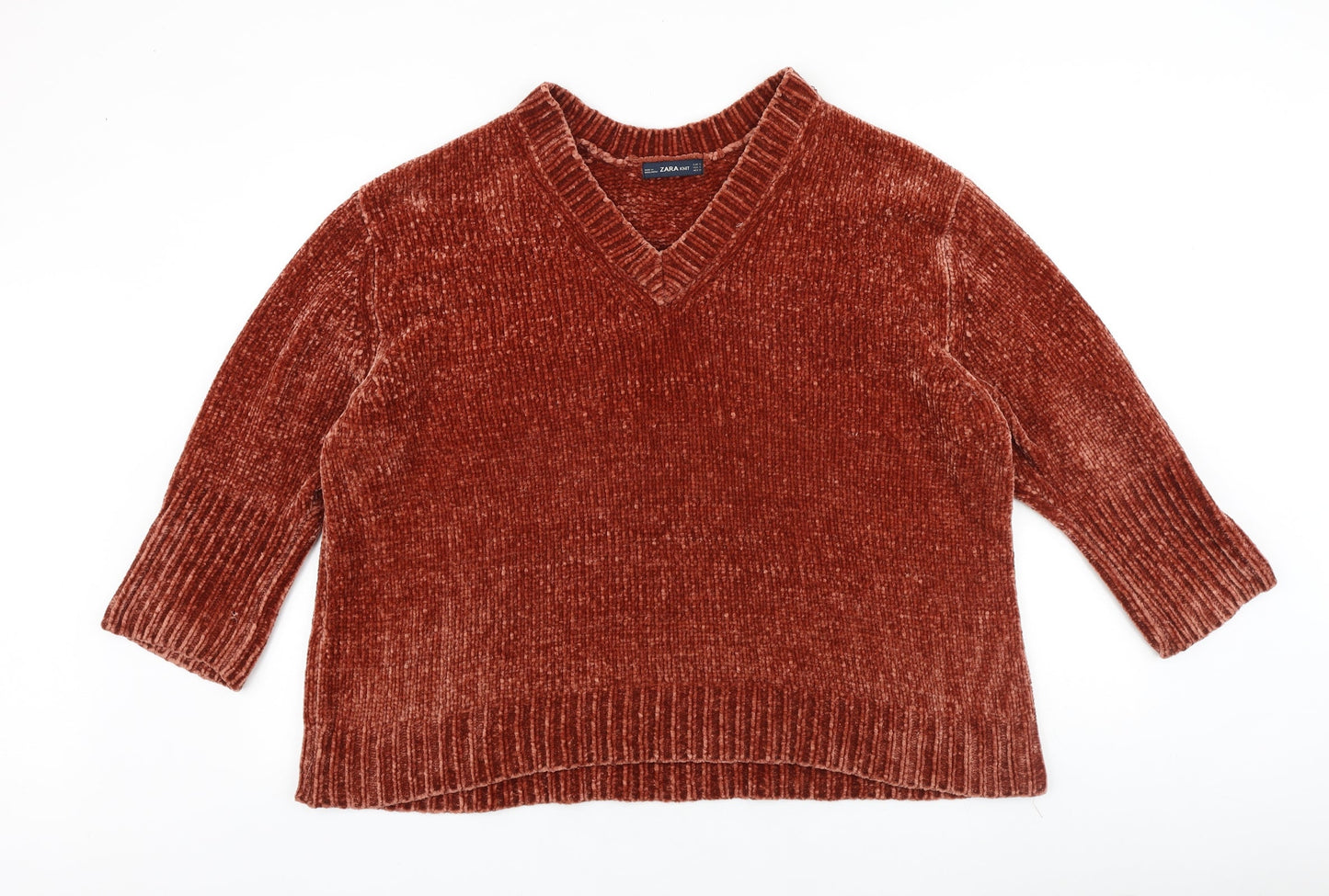 Zara Womens Red V-Neck 100% Cotton Pullover Jumper Size M
