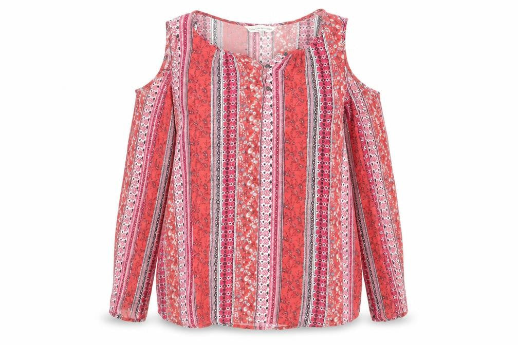F&F Womens Red Geometric Viscose Basic Blouse Size 16 Round Neck - Cold Shoulder
