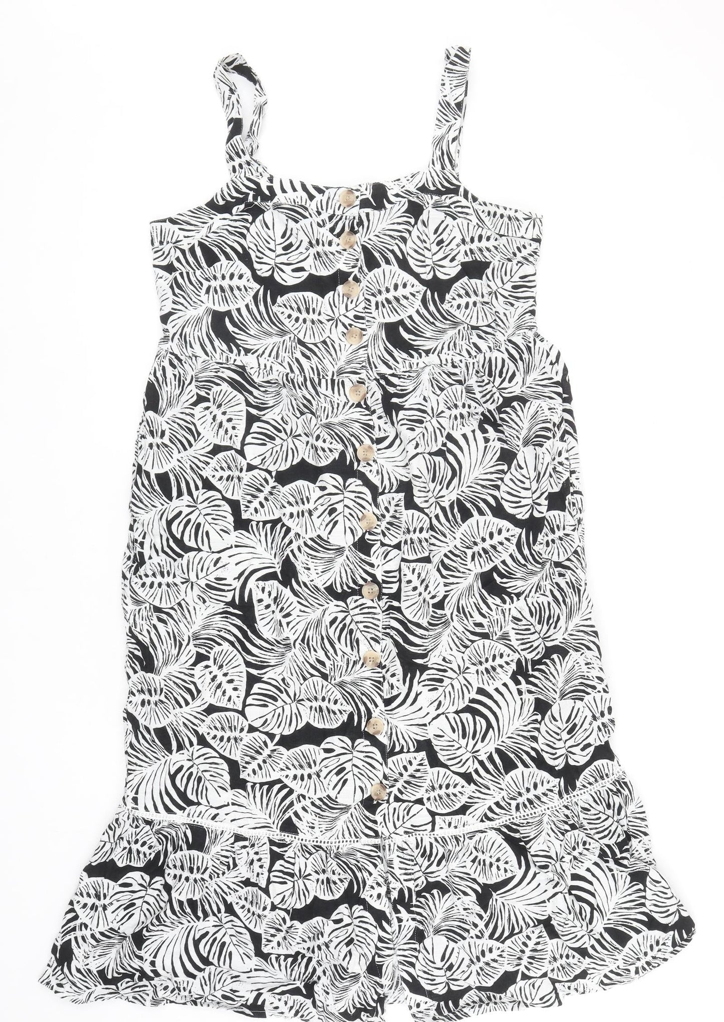 Marks and Spencer Womens Black Floral Cotton Tank Dress Size 12 Scoop Neck Button