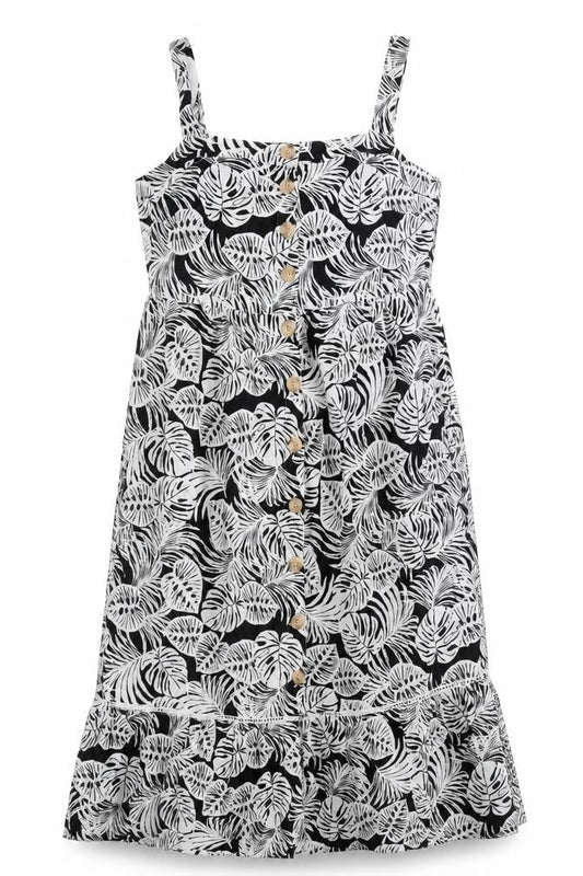 Marks & Spencer Womens Black Floral Cotton Tank Dress Size 12 Scoop Neck Button
