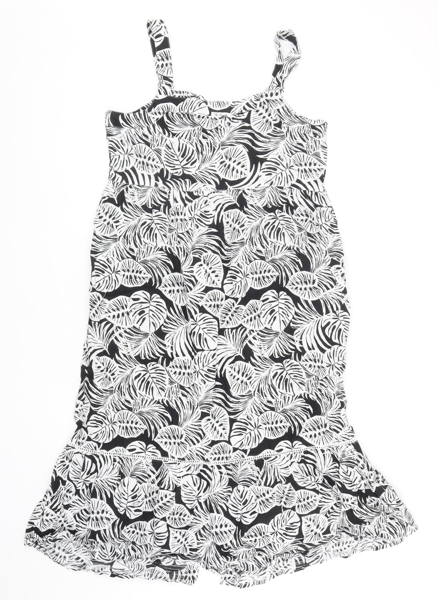 Marks and Spencer Womens Black Floral Cotton Tank Dress Size 12 Scoop Neck Button