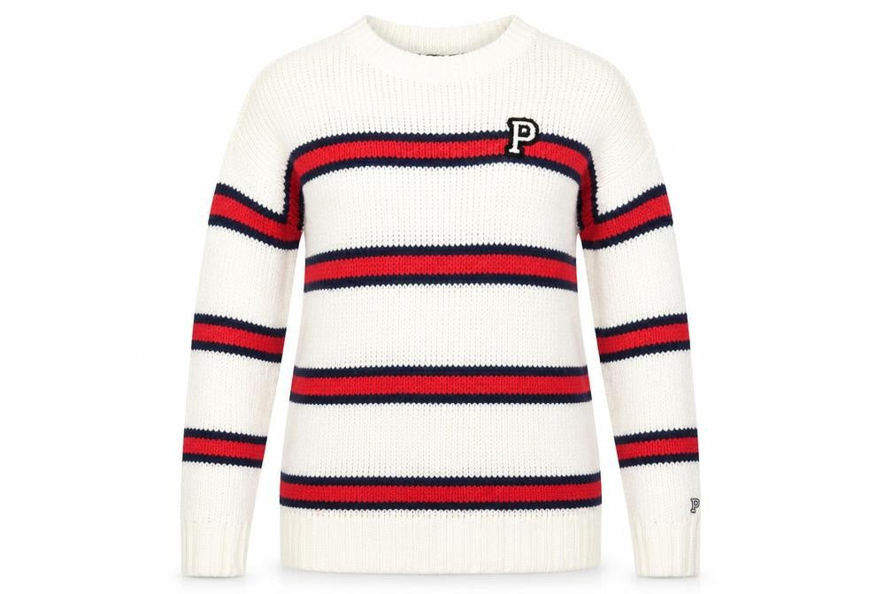 PINK Womens White Round Neck Striped Acrylic Pullover Jumper Size S