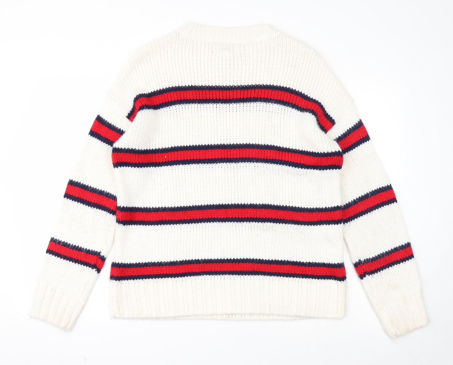 PINK Womens White Round Neck Striped Acrylic Pullover Jumper Size S