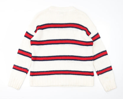 PINK Womens White Round Neck Striped Acrylic Pullover Jumper Size S