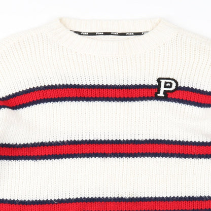 PINK Womens White Round Neck Striped Acrylic Pullover Jumper Size S