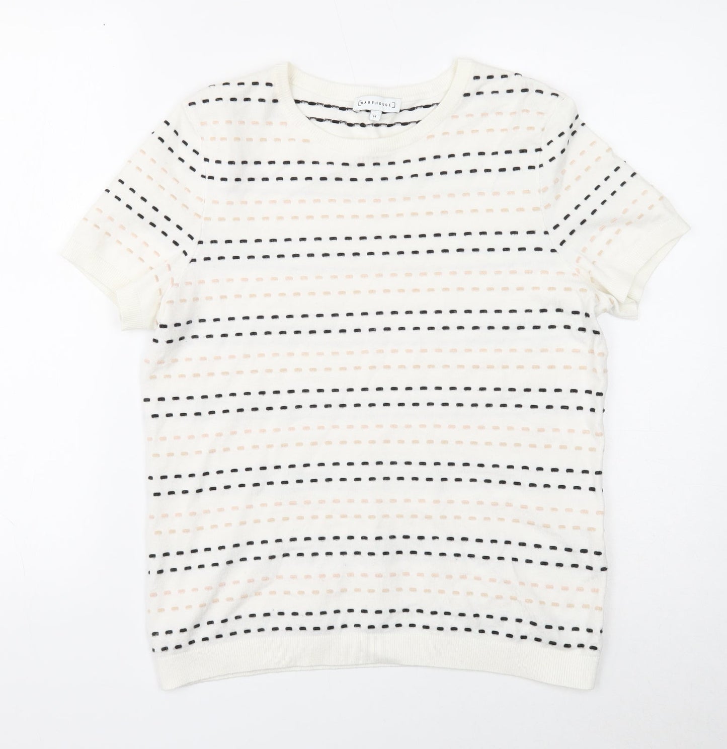Warehouse Womens White Round Neck Geometric Viscose Pullover Jumper Size 14