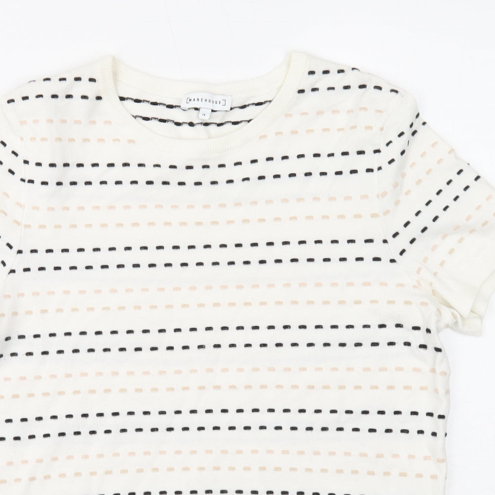 Warehouse Womens White Round Neck Geometric Viscose Pullover Jumper Size 14