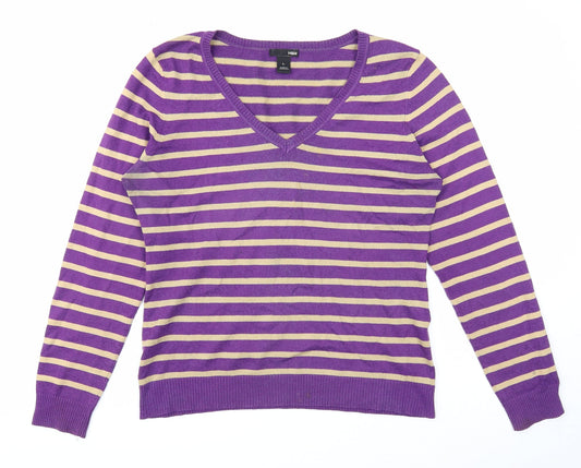 H&M Womens Purple V-Neck Striped Acrylic Pullover Jumper Size L