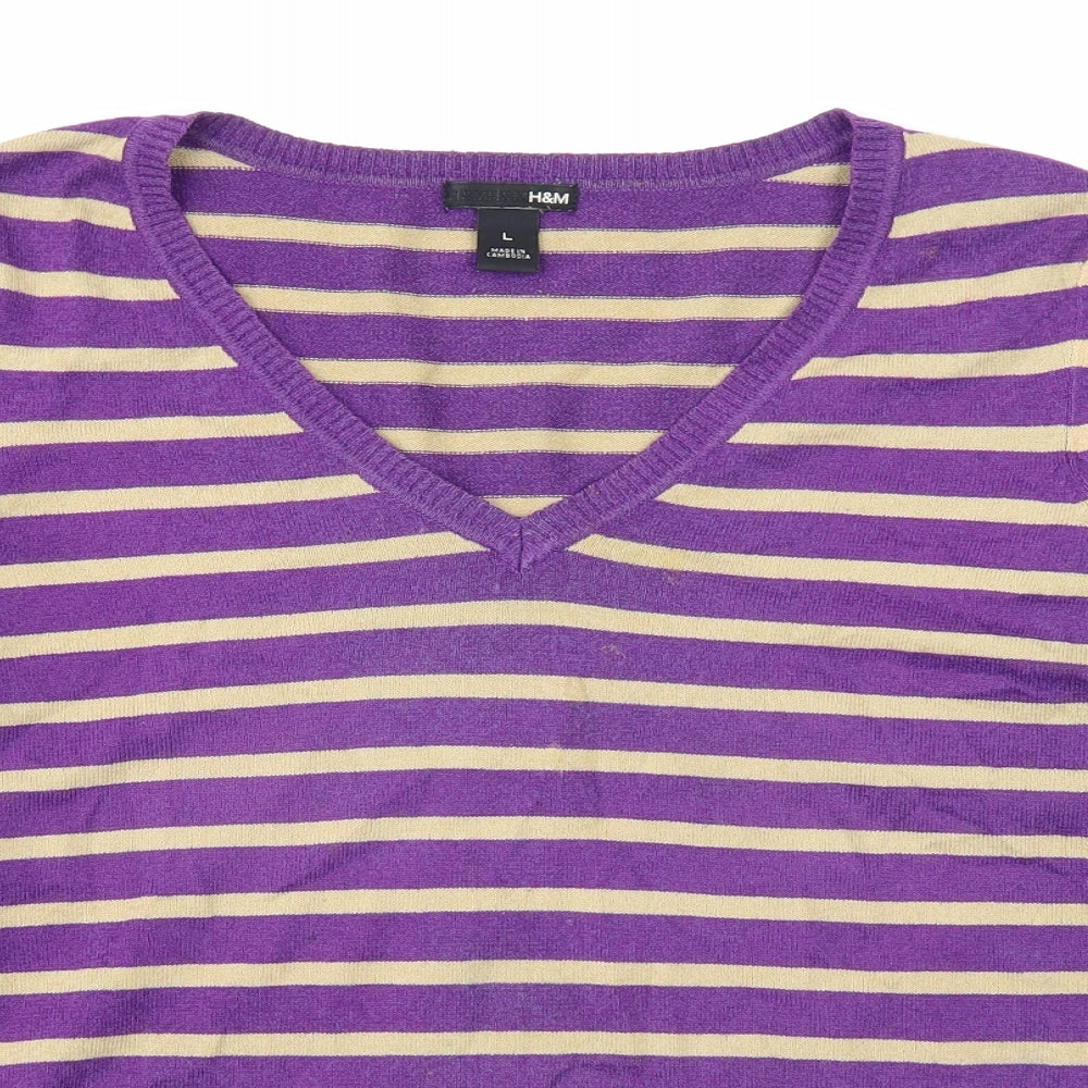 H&M Womens Purple V-Neck Striped Acrylic Pullover Jumper Size L