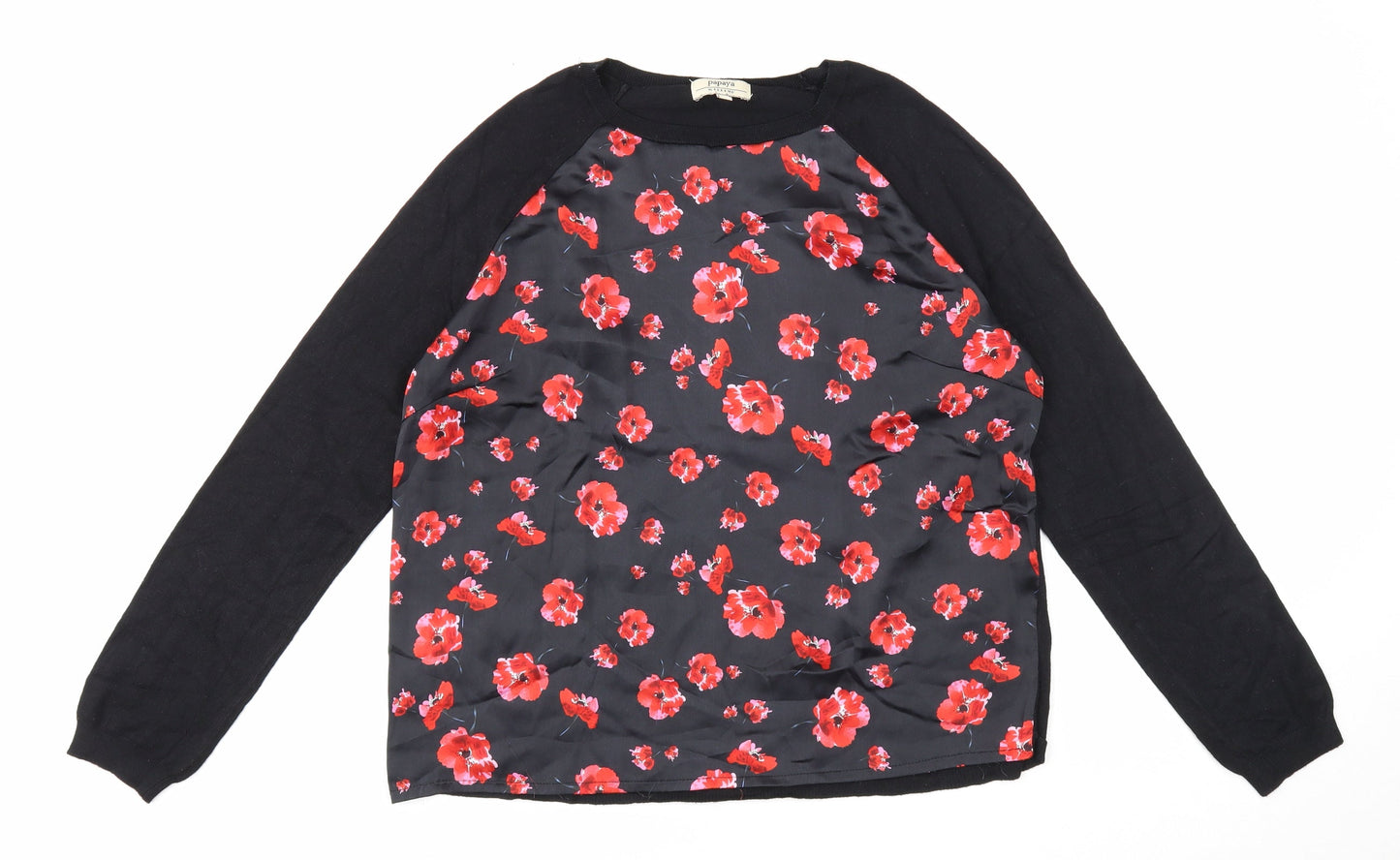 Papaya Womens Black Round Neck Floral Viscose Pullover Jumper Size 12