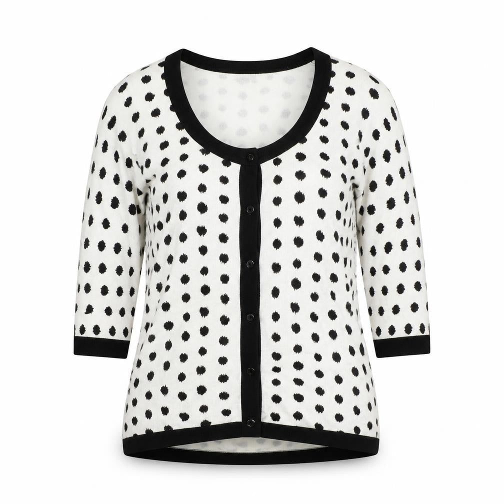 Preworn Womens White Round Neck Polka Dot Rayon Cardigan Jumper Size M