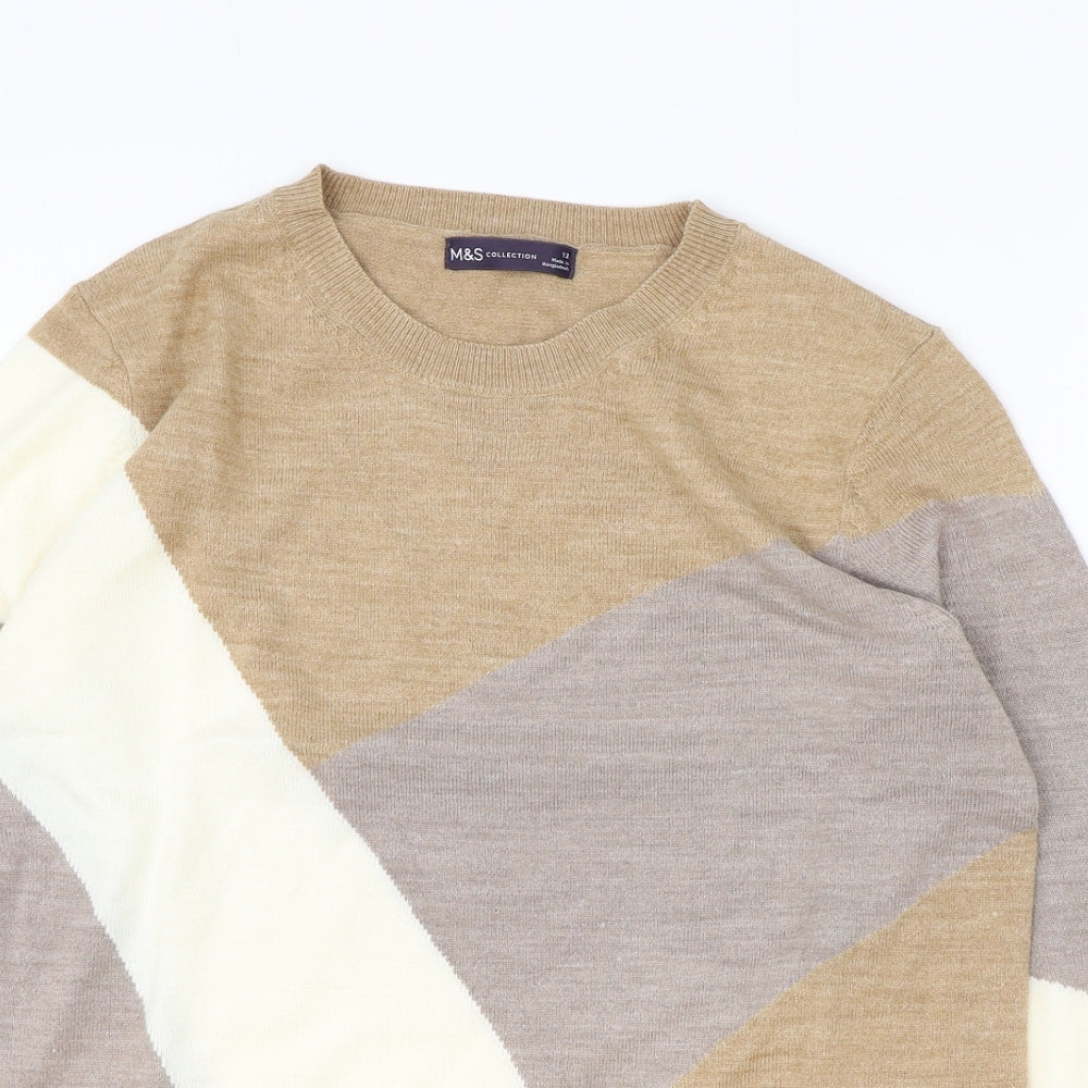 Marks and Spencer Womens Brown Round Neck Acrylic Pullover Jumper Size 12 - Colour Block