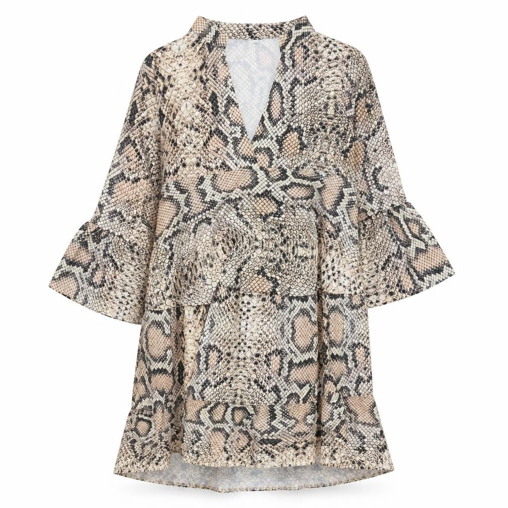 Preworn Womens Brown Animal Print Polyester Trapeze & Swing Size S V-Neck Pullover - Snakeskin Pattern
